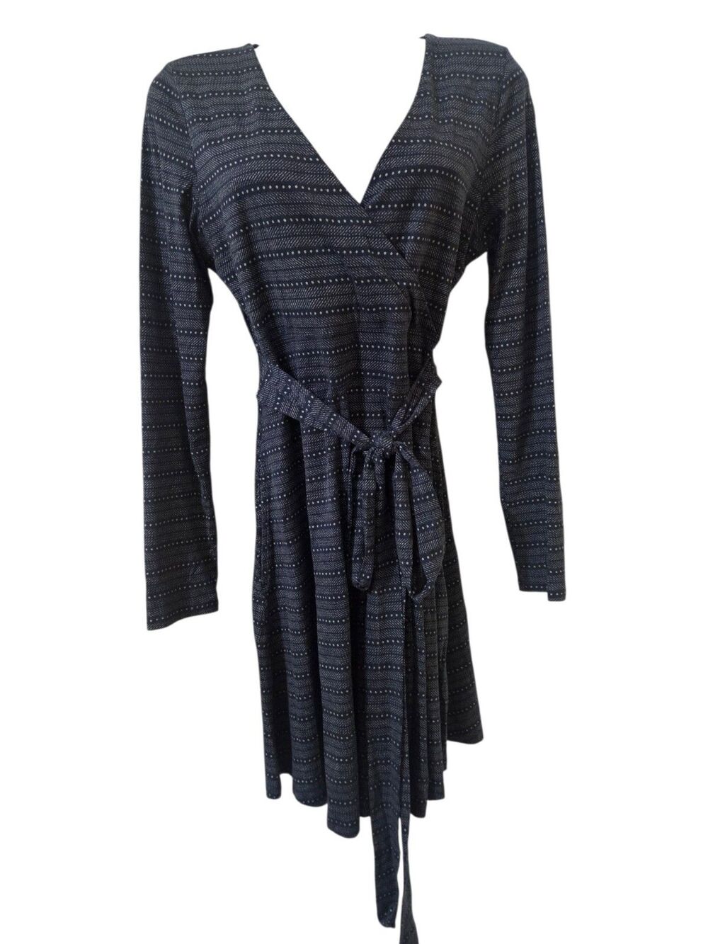 Toad & Co Cue Wrap Long SleeveDress Large Blue Stripe White Dots Pockets C303
